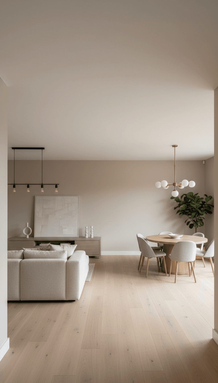 open plan living room with fresh interior paint neutral tones timber flooring and modern light fixtures in renovated home