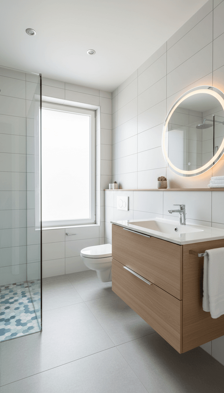 Bathroom renovation with new tiling and modern fixtures