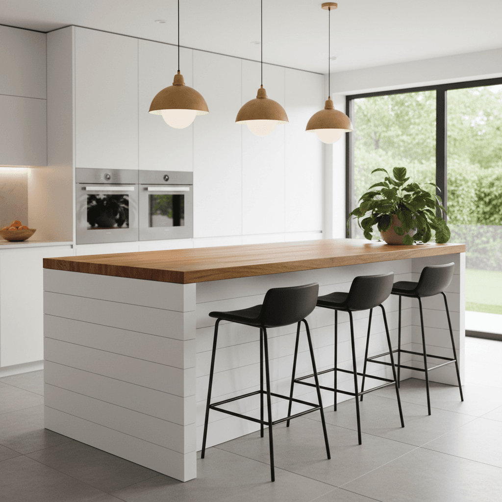 Finished kitchen island with wooden countertop, pendant lights, and modern stools