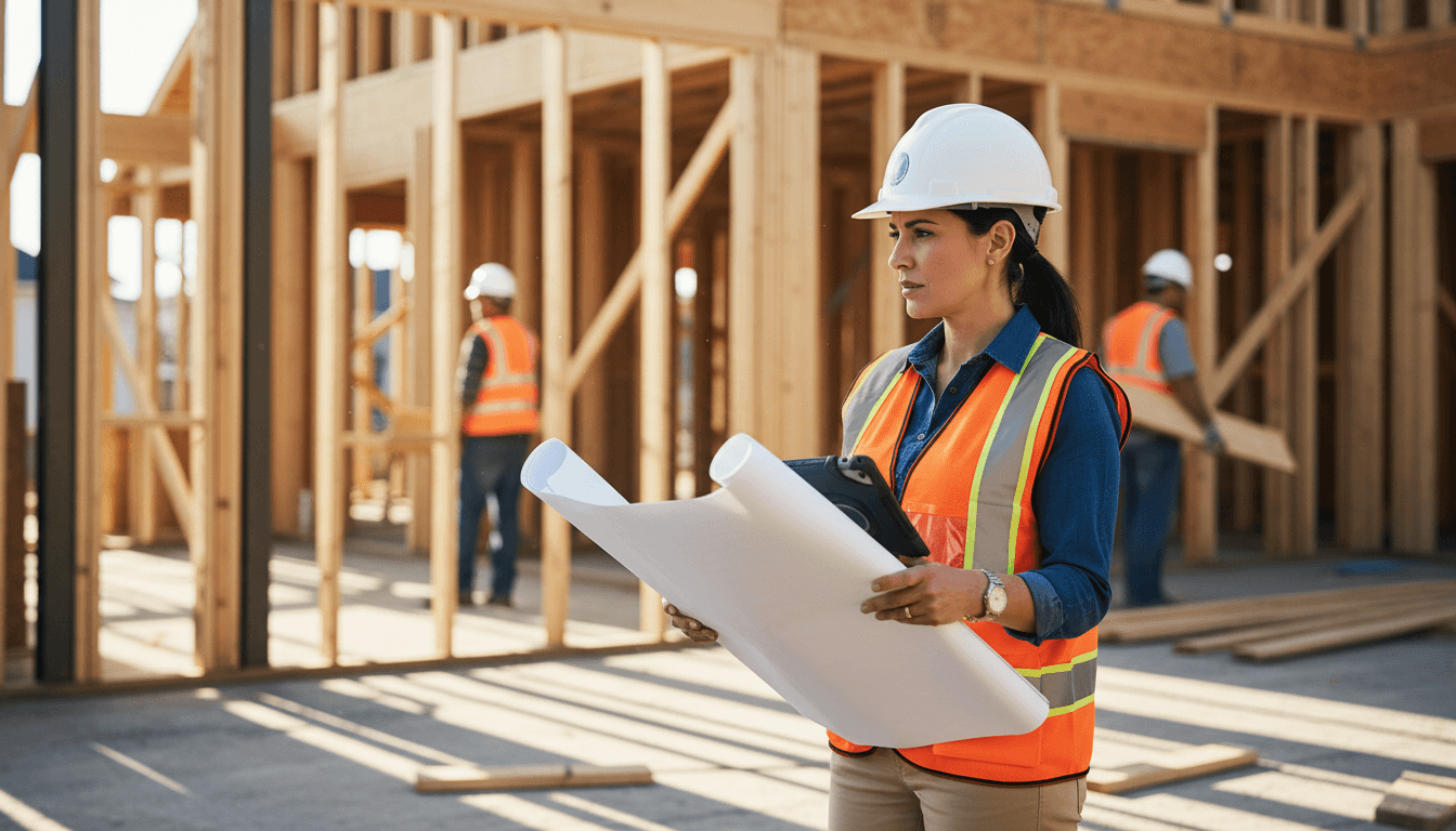 Professional construction team reviewing building plans on a modern home construction site in Melbourne