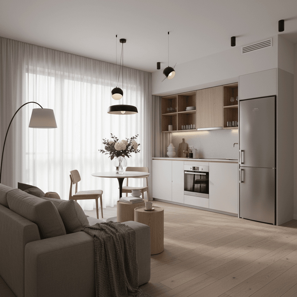 Modern furnished apartment with kitchenette, seating area, contemporary design, and abundant natural light from windows