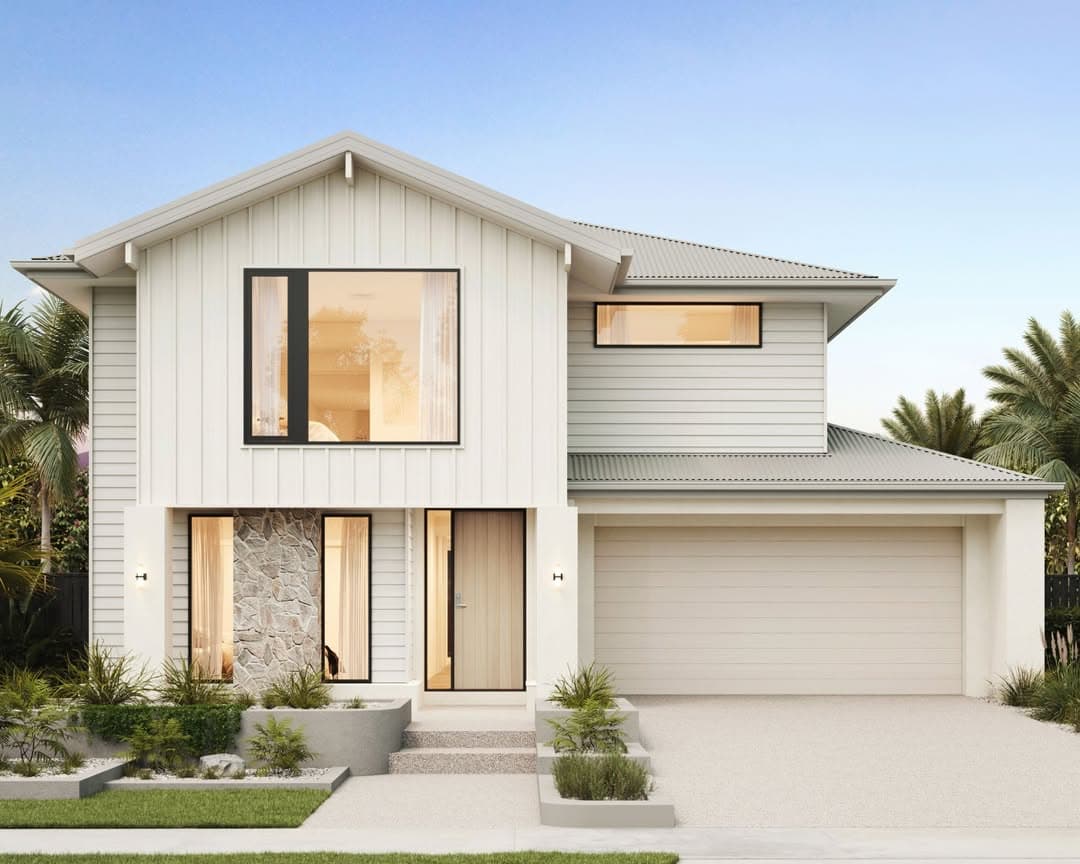 Modern white two-story house with stone accents, large windows, and a double garage.