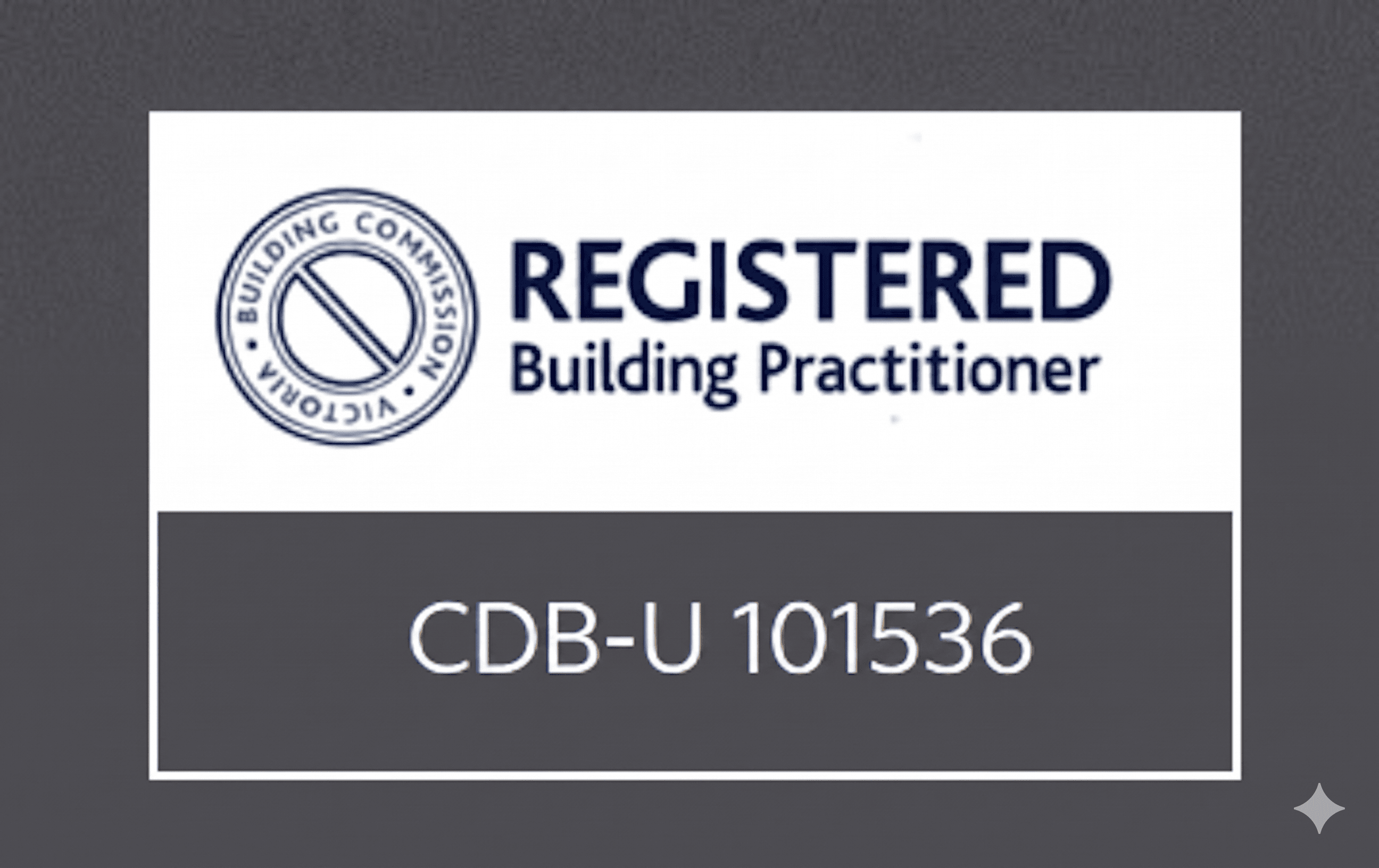 Building Commission Victoria Registered Building Practitioner logo with the registration number CDB-U 101536.