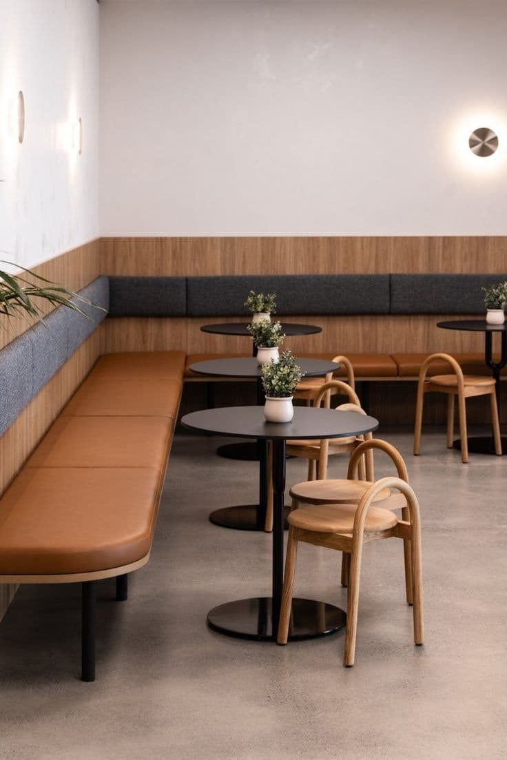 Modern cafe interior with tan leather banquette seating, black round tables, and light wood chairs.