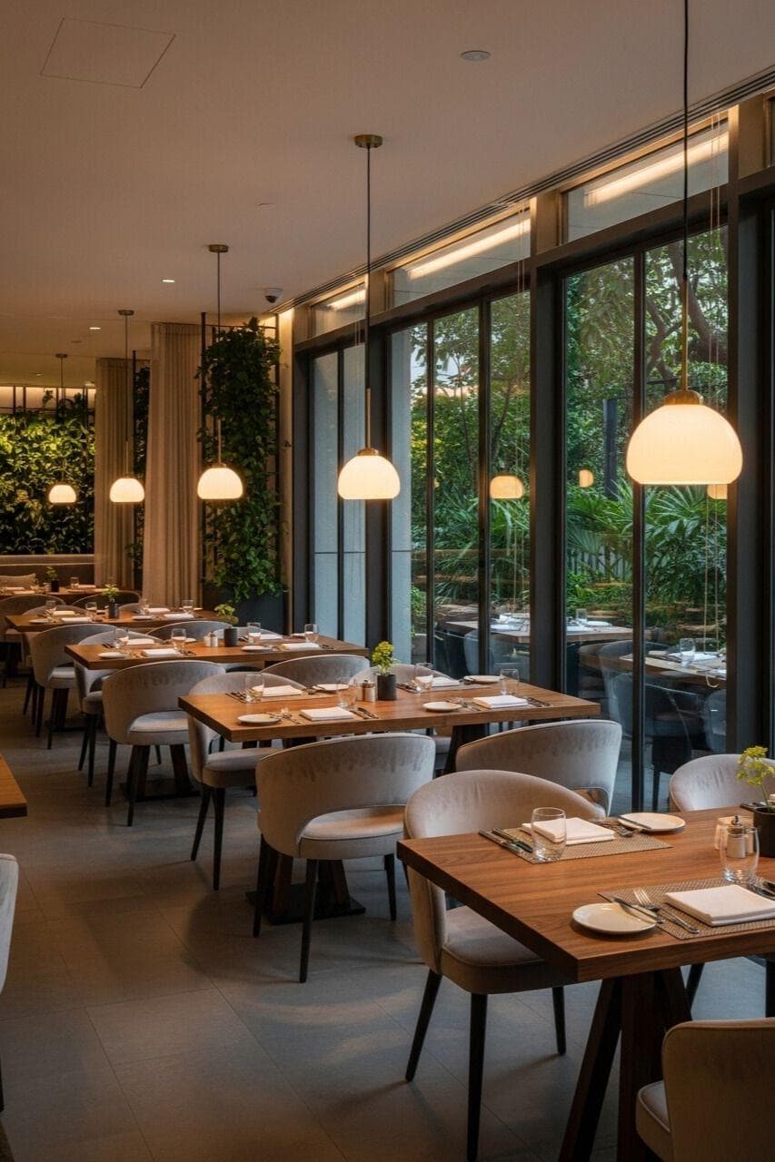 Modern restaurant interior featuring wooden tables, grey chairs, and pendant lights overlooking lush greenery.