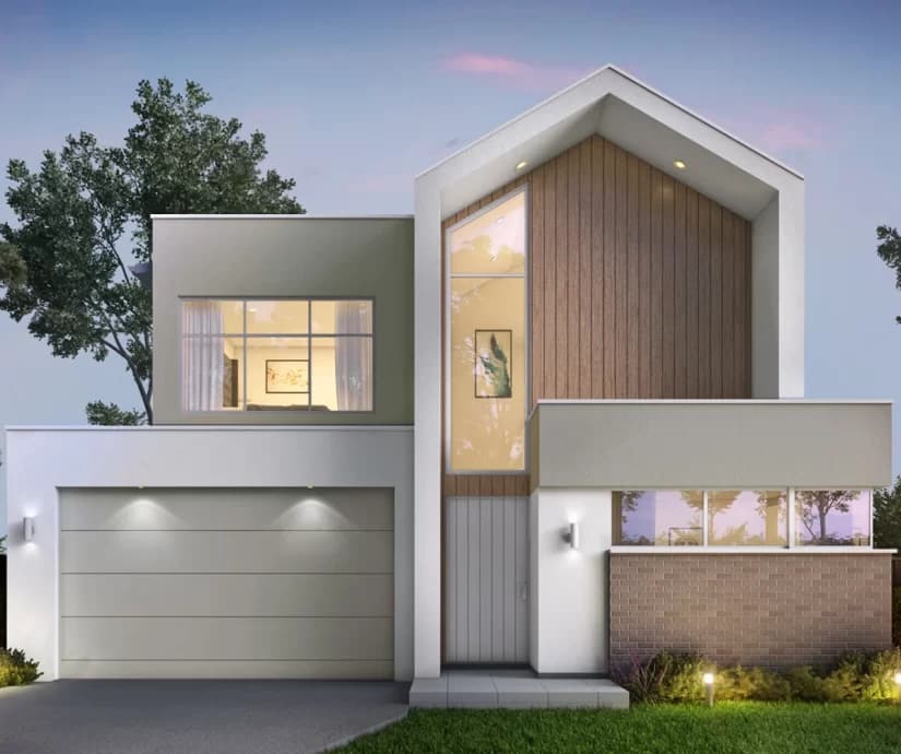 Modern two-story home with a white gabled roof, wood paneling, and a grey garage.